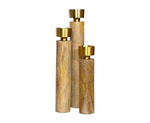 Set of 3 JAMES 23 30 and 38cm Tall Single Candle Holders - Natural Timber and Brass Top