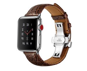 WIWU Crocodile Leather Watch Band Silver Metal Buckle For Apple Watch 5/4/3/2/1-Brown