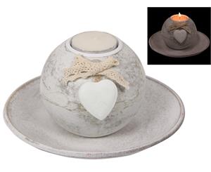 1pce 16CM White Wash Decor Candle Tealight Holder with Heart Motif - Grey