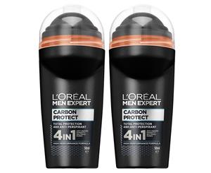 2 x L'Oreal Men Roll-On Antiperspirant Deodorant Carbon Protect 50mL
