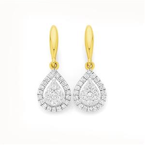 9ct Gold Diamond Cluster Pear Drop Hook Earrings