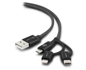 Alogic 1m 3-in-1 Charge & Sync Cable - Micro USB + Lightning + USB-C Jet Black