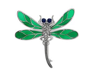 Art Nouveau Style Round Marcasite & Green Enamel Dragonfly Brooch in 925 Sterling Silver