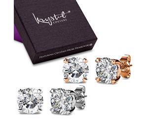 Boxed 2 Pairs Solitaire Studs Earrings Set Embellished with Swarovski crystals-White Gold/Clear