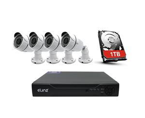 Elinz 4CH CCTV Security 4x Camera System 1080P AHD 5MP DVR Face Detection Outdoor Video 1TB Hard Drive