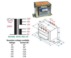 M2165L 9V- 24V 2.5A Mains Transformer 60Va Multiple Tapped Voltages Total Va Rating 60Va 9V- 24V 2.5A MAINS TRANSFORMER