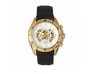 Morphic M66 Series Skeleton Dial Leather-Band Watch w/ Day/Date - Gold/Dark Brown