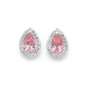 Silver Pink CZ Cluster Earrings
