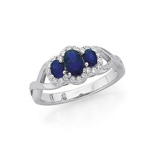 Silver Three Oval Sapphire & CZ Ring