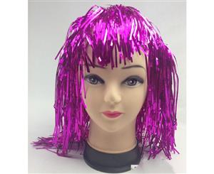 Tinsel Metallic Wig 70s 50s 20s Costume Men's Women's Unisex Disco Fancy Dress Up - Hot Pink - Hot Pink
