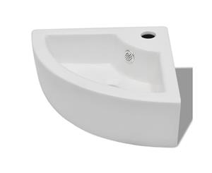 Ceramic Sink with Faucet & Overflow Hole White Bathroom Corner Basin