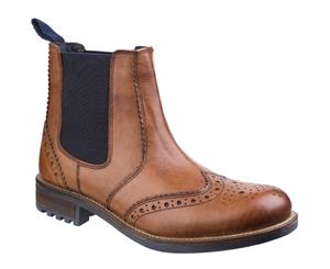 Cotswold Mens Cirencester Pull On Brogue Leather Chelsea Ankle Boots - Tan