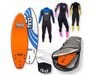 FIND 5ƌ" Tuffrap Thruster Soft Surfboard Softboard + Cover + Leash + Wetsuit Package - Orange