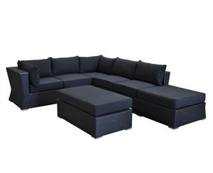 Oasis Outdoor Wicker Modular Chaise Lounge With Coffee Table - Outdoor Wicker Lounges - Charcoal Wicker with Denim
