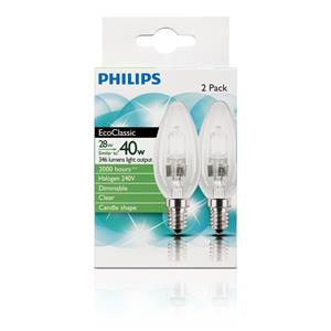 Philips 28W Clear Small Edison Screw EcoClassic Candle Globe - 2 Pack
