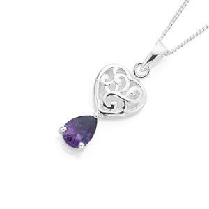 Silver Pear Violet CZ on Heart Pendant