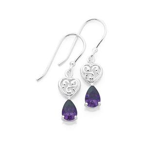 Silver Violet CZ Scroll Heart Earrings