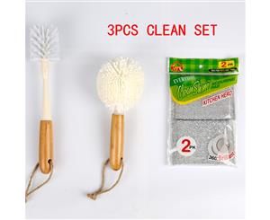 3PK Cleaning Set Bamboo Handle Scraper Dish Glass Brush Sponge Pad for Kitchen