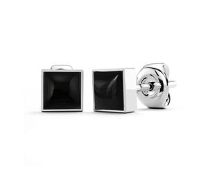 .925 Sterling Silver Bezel Square Onyx Studs-Silver/Black