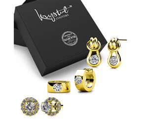 Boxed 3 Pairs of Gold Earrings Set Embellished with Swarovski Crystals