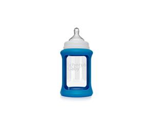 Cherub Baby Glass Single 240ml Bottle with Protective Colour Change Silicone Sleeve - Blue