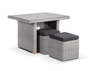 Half Round Wicker Dining Coffee Table With 2 Stowaway Ottomans - Outdoor Tables - Brushed Grey And Denim