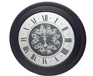Large Round Mirrored exposed movement gear clock - black w/silver - 80cm