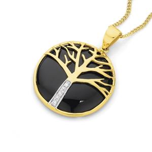 9ct Gold Onyx & Diamond Tree Pendant