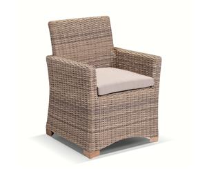 Coco Outdoor Wicker And Teak Dining Arm Chair - Outdoor Wicker Chairs - Brushed Wheat Cream cushions