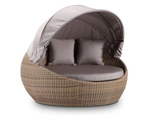 Newport Outdoor Wicker Round Daybed With Canopy In Sunbrella - Outdoor Daybeds - Brushed Wheat Canvas Taupe