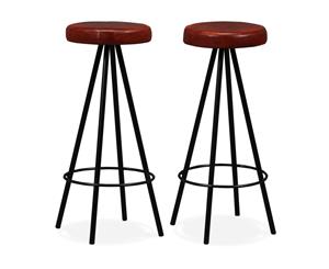2x Bar Stools Genuine Leather and Steel Dining Kitchen Chair Industrial