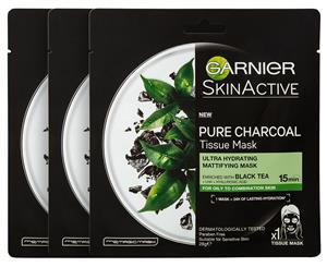 3 x Garnier SkinActive Pure Charcoal Tissue Mask 28g