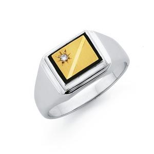 9ct Gold & Sterling Silver Diamond & Onyx Gents Ring