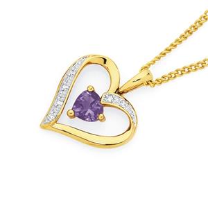 9ct Gold Amethyst & Diamond Heart Pendant
