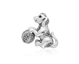 Art Nouveau Round Marcasite & Sapphire Playful Dog Brooch in 925 Sterling Silver