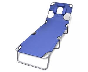Blue Outdoor Foldable Sun Lounger Bed Reclining Beach Chair Fabric Head Rest