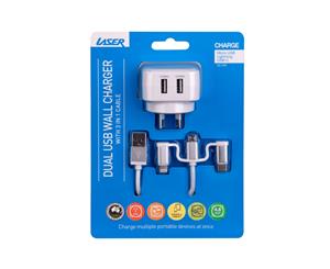 Laser Dual USB AC Charger with 3 in 1 Charging Cable White x 32Pcs BULK DEAL