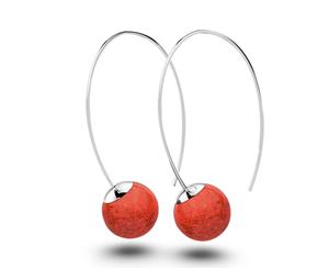 .925 Sterling Silver Round Red Coral Dangle Earrings-Silver/Red