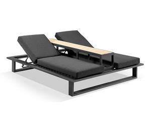 Arcadia Aluminium Double Sun Lounge Daybed With Table - Outdoor Daybeds - Charcoal Aluminium with Denim Grey Cushions