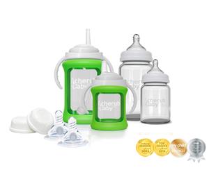 Cherub Baby Glass Bottle Starter Kit with Protective Colour Change Silicone Sleeve - Green