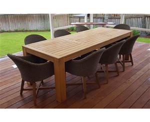 Entertainer 2.5M Teak Outdoor Table With 8 Coastal Wicker Dining Chairs - Outdoor Dining Settings - Brushed Wheat Cream cushions