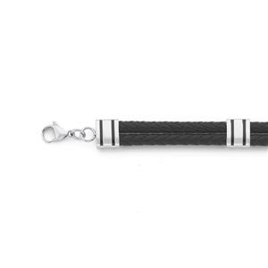 Steel Double Black Plait Leather Bracelet