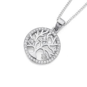 Sterling Silver Round Cubic Zirconia Tree Of Life Pendant