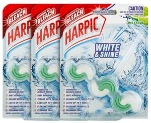 3 x Harpic White & Shine Bleach Rim Block Lime Fresh 39g