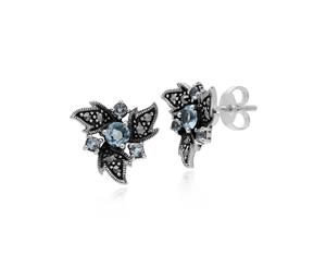 Art Nouveau Style Round Blue Topaz & Marcasite Floral Stud Earrings in 925 Sterling Silver