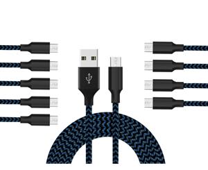 Catzon 1M 2M 3M 10Packs Micro USB Cable Nylon Braided Phone Cable Fast Charger Cable USB Cord -Black Blue