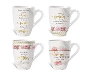 French Country Chic Kitchen Tea Coffee Mugs MOTHER LOVE FAMILY Set of 4 New Blush Crush