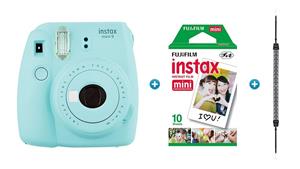 Instax Mini 9 Instant Camera - Ice Blue with Aztec Strap & 10 Pack of Film