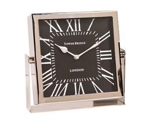 TOWER BRIDGE LONDON 22.5cm Desk Clock on Stand with Square Black Face - Nickel