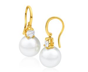 9ct Charming Yellow Gold Simulated Pearl and Cubic Zirconia Drop Earrings